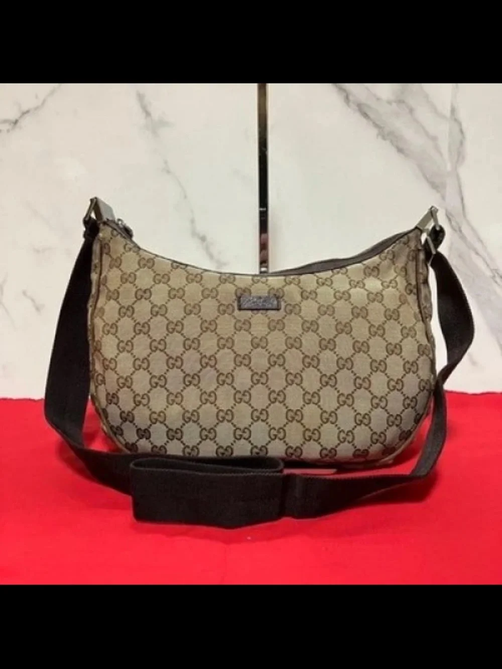Gucci Brown Beige GG Canvas Hobo with Black Strap
